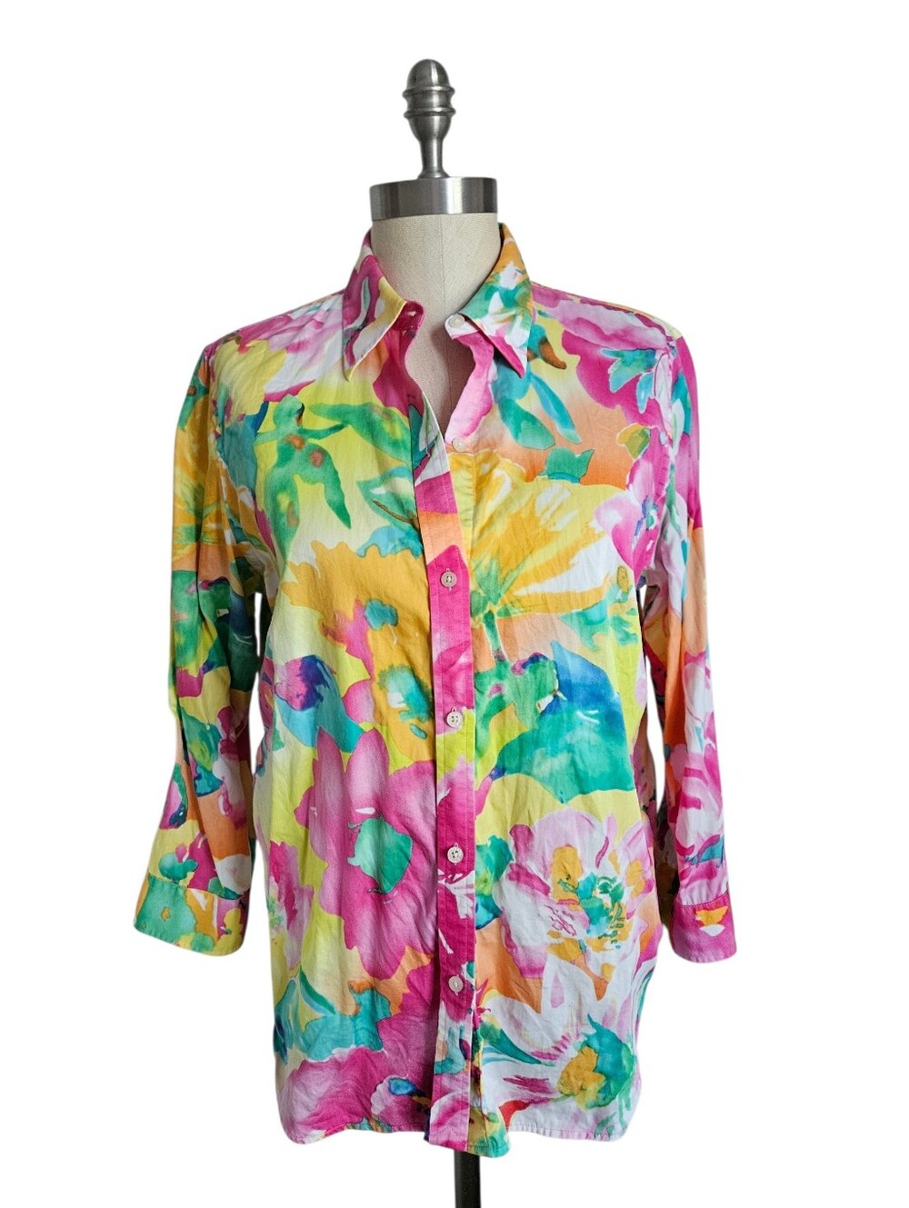 LAUREN RALPH LAUREN Vibrant Waterfolor Floral Cotton Button Down Blouse | SZ L